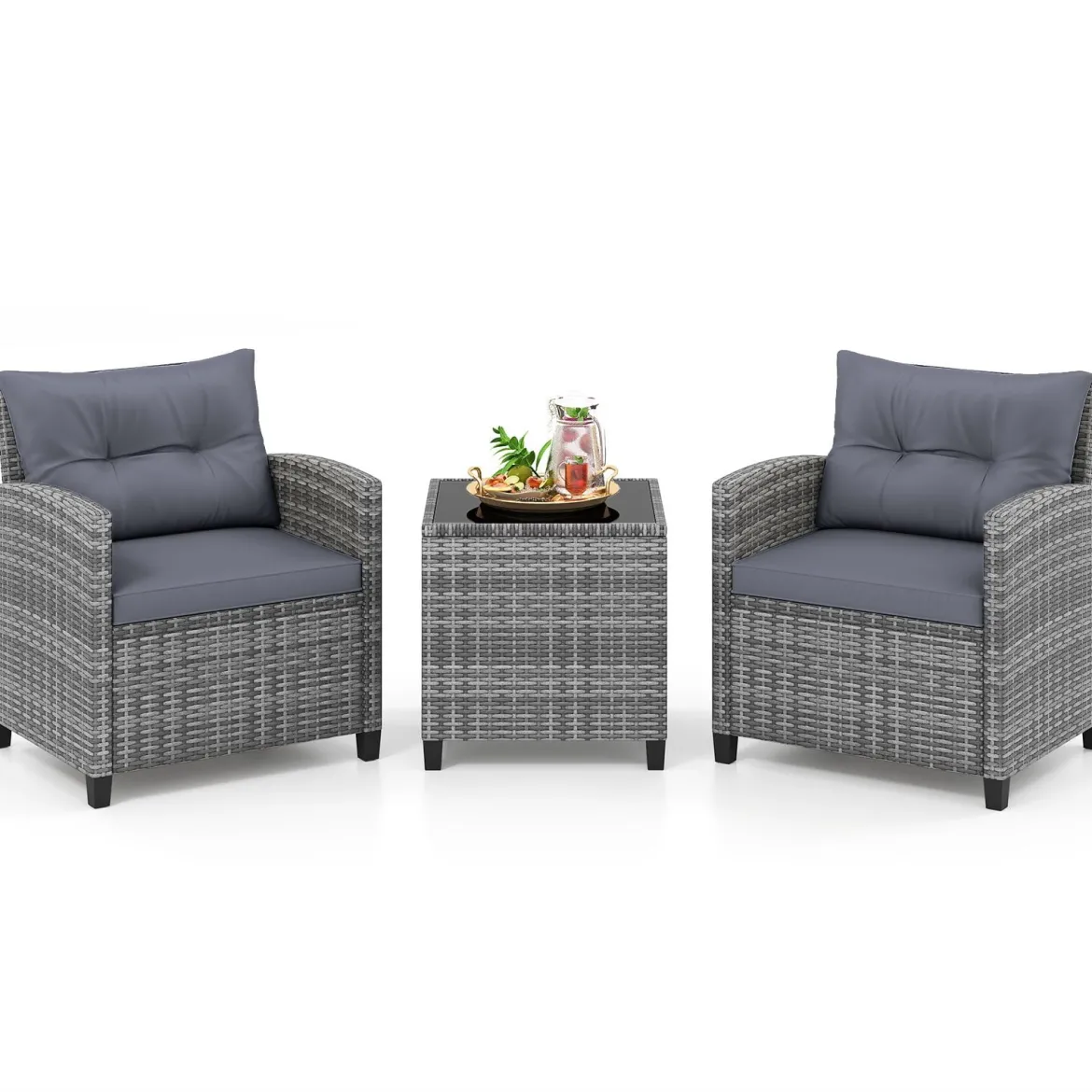 Rattan Gartenmöbel Set 3-Teiliges Balkonmöbel mit 2 Sessel und Tisch mit Sicherheitsglas-Tischplatte