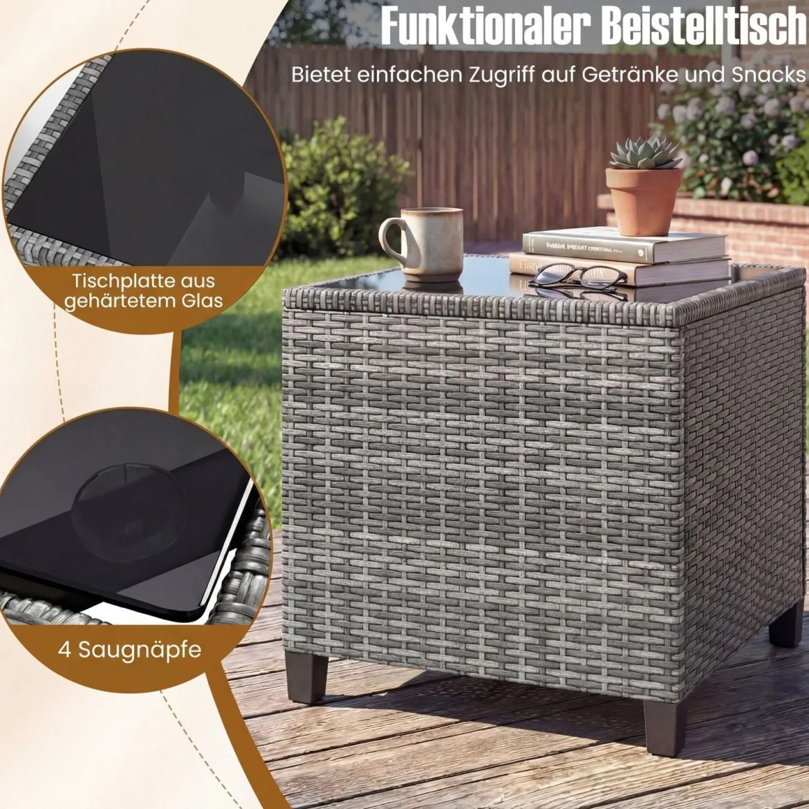 Rattan Gartenmöbel Set 3-Teiliges Balkonmöbel mit 2 Sessel und Tisch mit Sicherheitsglas-Tischplatte