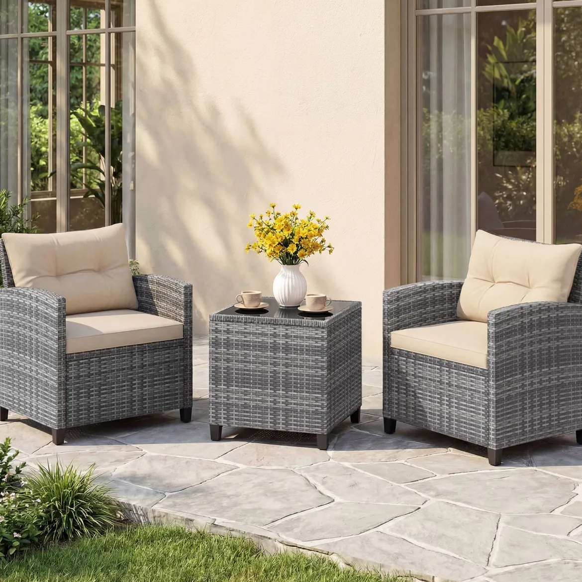 Rattan Gartenmöbel Set 3-Teiliges Balkonmöbel mit 2 Sessel und Tisch mit Sicherheitsglas-Tischplatte