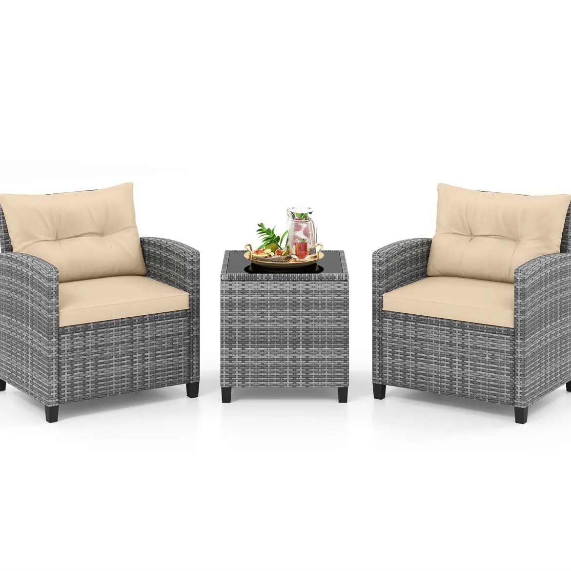 Rattan Gartenmöbel Set 3-Teiliges Balkonmöbel mit 2 Sessel und Tisch mit Sicherheitsglas-Tischplatte