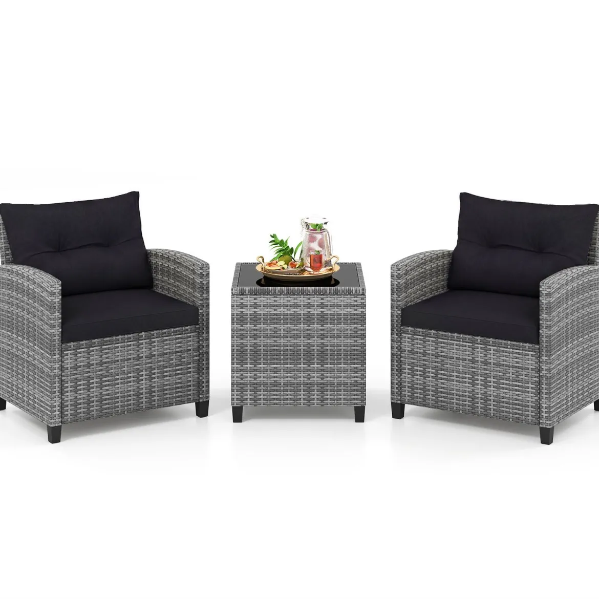Rattan Gartenmöbel Set 3-Teiliges Balkonmöbel mit 2 Sessel und Tisch mit Sicherheitsglas-Tischplatte