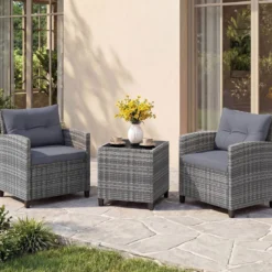 Rattan Gartenmöbel Set 3-Teiliges Balkonmöbel mit 2 Sessel und Tisch mit Sicherheitsglas-Tischplatte