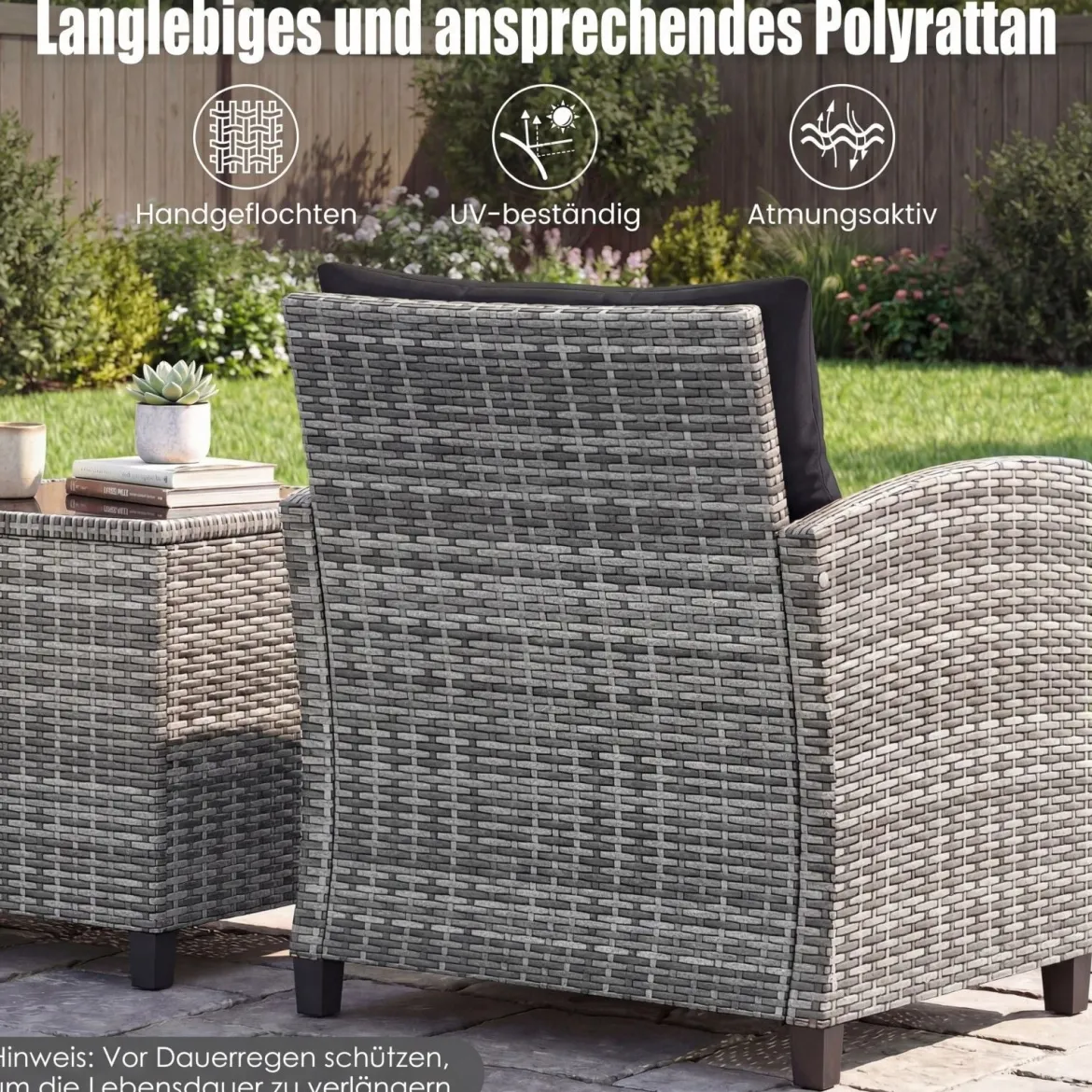 Rattan Gartenmöbel Set 3-Teiliges Balkonmöbel mit 2 Sessel und Tisch mit Sicherheitsglas-Tischplatte