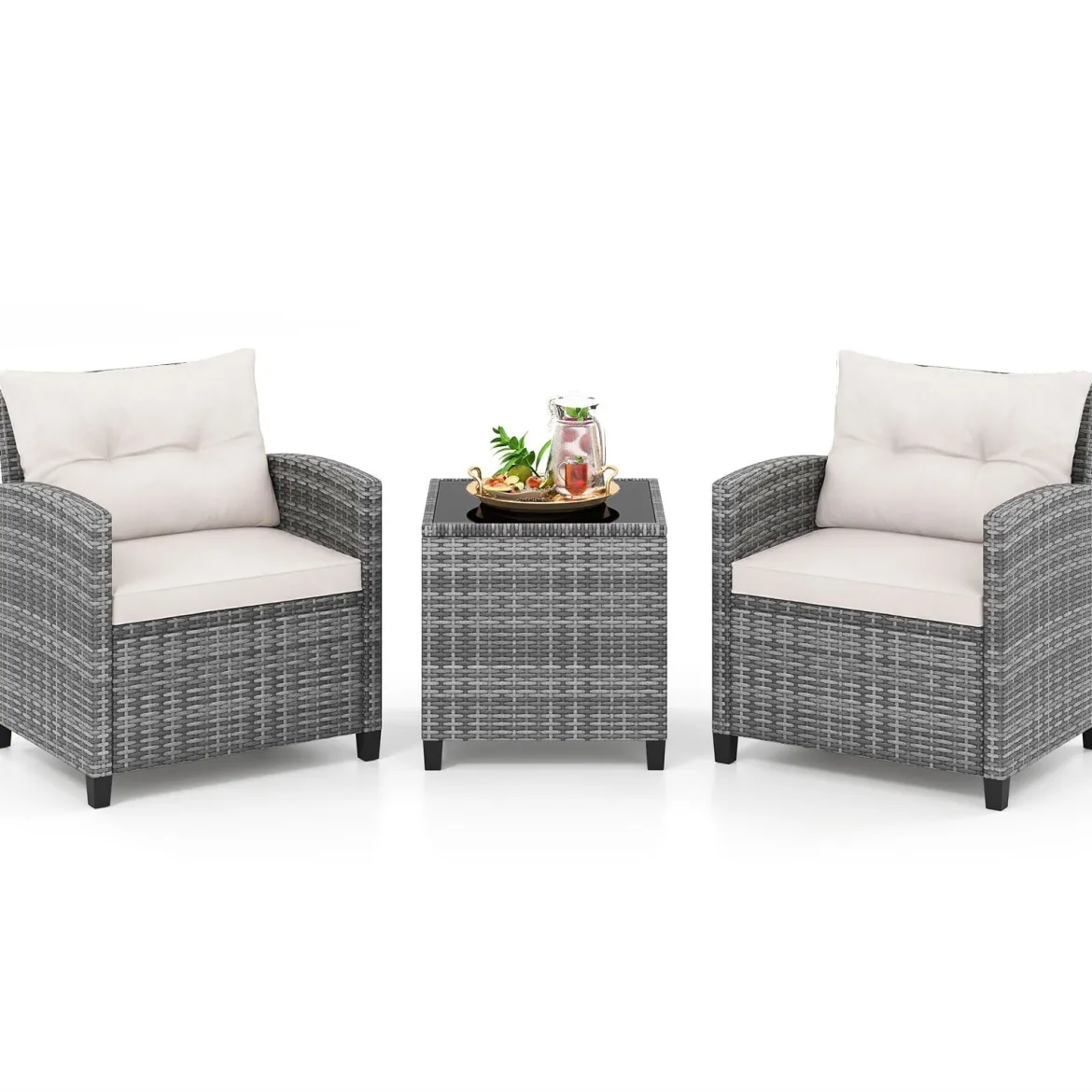 Rattan Gartenmöbel Set 3-Teiliges Balkonmöbel mit 2 Sessel und Tisch mit Sicherheitsglas-Tischplatte
