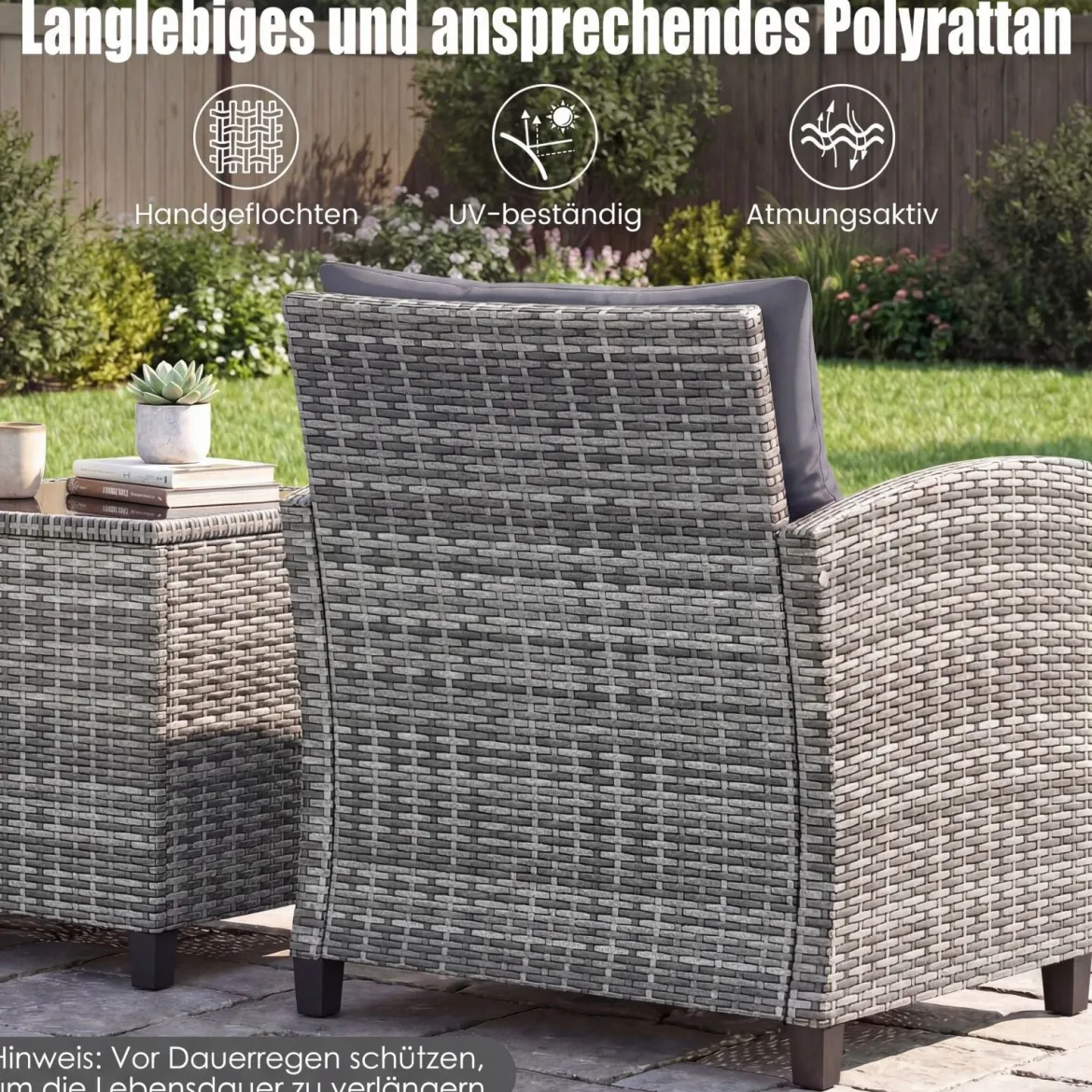 Rattan Gartenmöbel Set 3-teiliges Balkonmöbel mit 2 Sessel und Tisch mit Sicherheitsglas-Tischplatte Grau