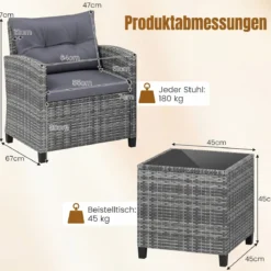 Rattan Gartenmöbel Set 3-teiliges Balkonmöbel mit 2 Sessel und Tisch mit Sicherheitsglas-Tischplatte Grau