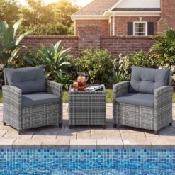 Rattan Gartenmöbel Set 3-teiliges Balkonmöbel mit 2 Sessel und Tisch mit Sicherheitsglas-Tischplatte Grau