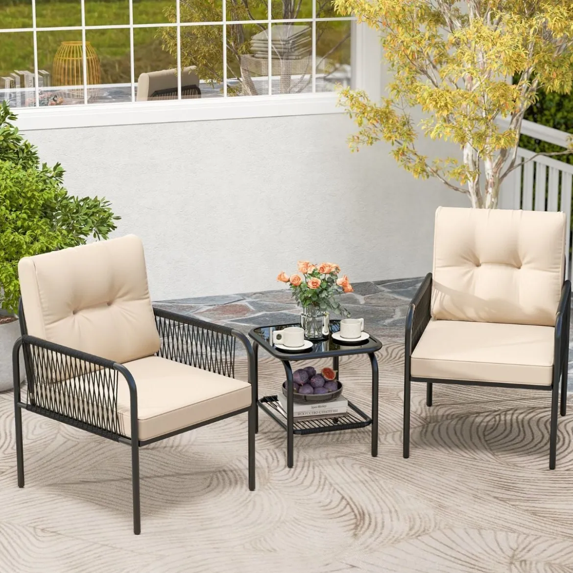 Rattan Gartenmöbel Set 3tlg. Balkonmöbel mit 2 Stühle & Tisch & Kissen Beige