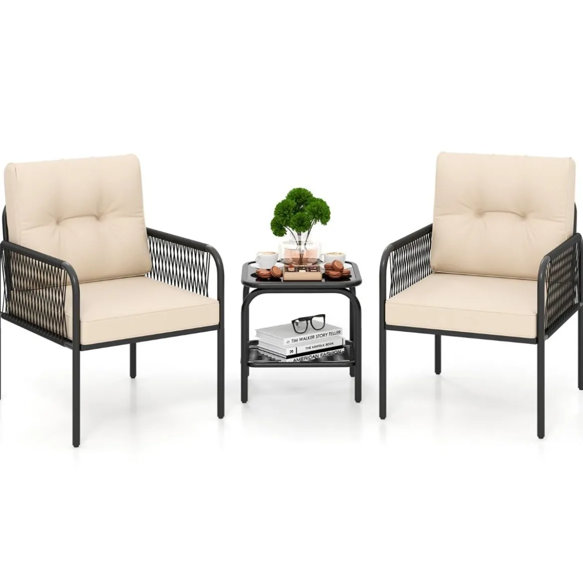 Rattan Gartenmöbel Set 3tlg. Balkonmöbel mit 2 Stühle & Tisch & Kissen Beige