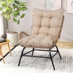 Rattan Gartenstuhl mit Dickem Kissen Rattanstuhl bis 150 kg Belastbar Gartensessel Khaki