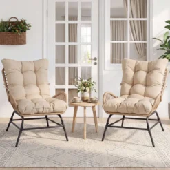 Rattan Gartenstuhl mit Dickem Kissen Rattanstuhl bis 150 kg Belastbar Gartensessel Khaki