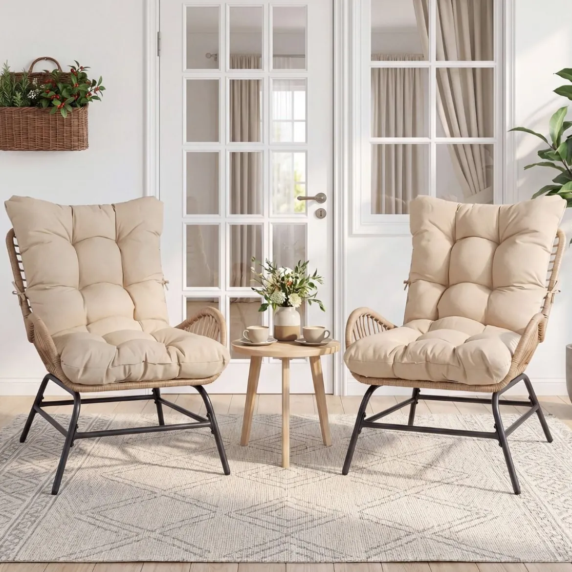 Rattan Gartenstuhl mit Dickem Kissen Rattanstuhl bis 150 kg Belastbar Gartensessel Khaki