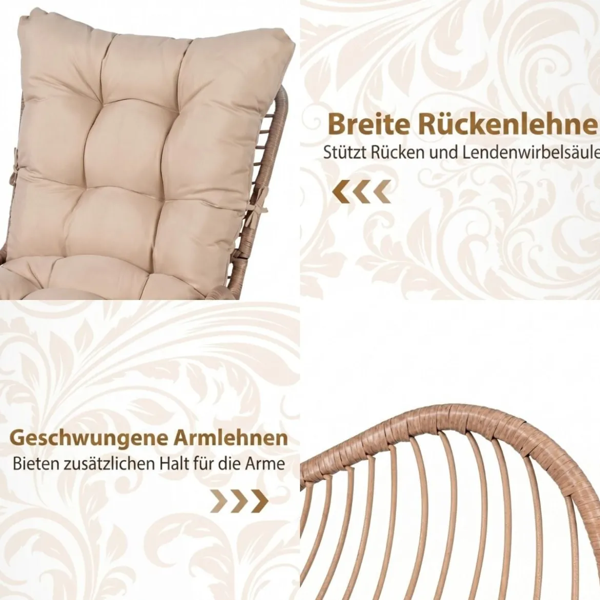 Rattan Gartenstuhl mit Dickem Kissen Rattanstuhl bis 150 kg Belastbar Gartensessel Khaki