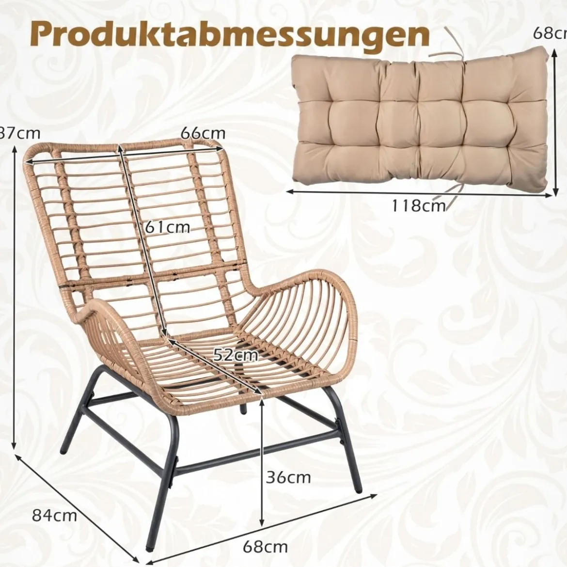 Rattan Gartenstuhl mit Dickem Kissen Rattanstuhl bis 150 kg Belastbar Gartensessel Khaki