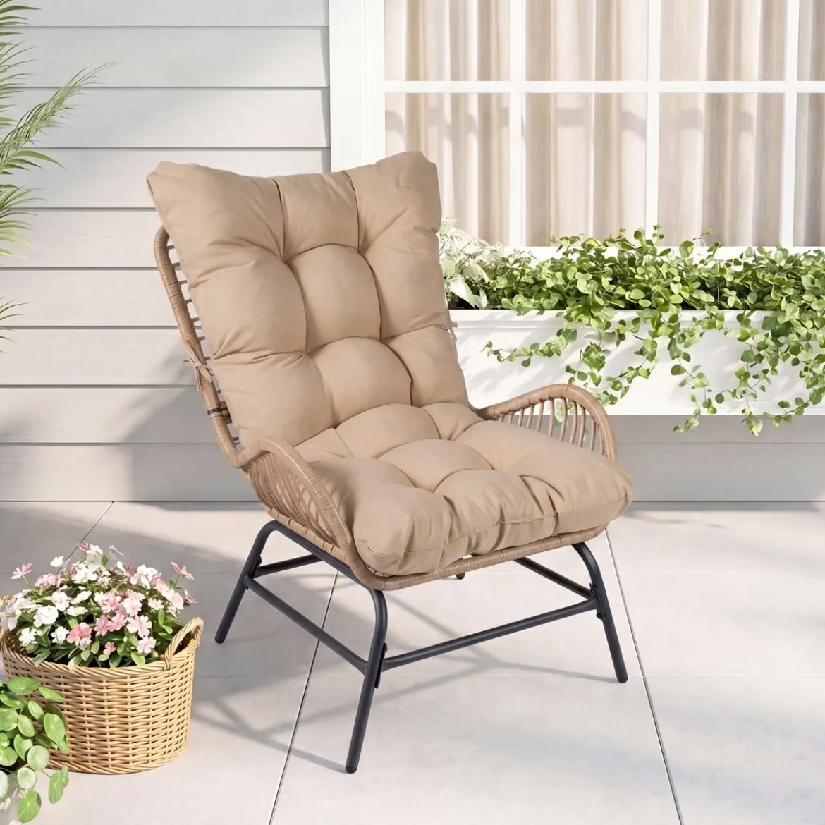 Rattan Gartenstuhl mit Dickem Kissen Rattanstuhl bis 150 kg Belastbar Gartensessel Khaki