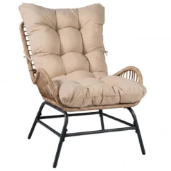 Rattan Gartenstuhl mit Dickem Kissen Rattanstuhl bis 150 kg Belastbar Gartensessel Khaki