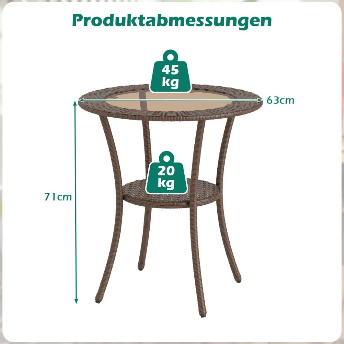 Rattan Gartentisch mit Glasplatte & Ablage Runder Bistrotisch Terrassentisch Balkontisch