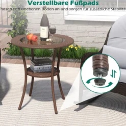 Rattan Gartentisch mit Glasplatte & Ablage Runder Bistrotisch Terrassentisch Balkontisch