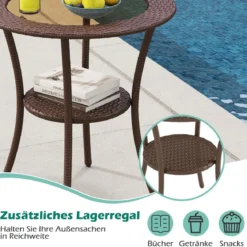 Rattan Gartentisch mit Glasplatte & Ablage Runder Bistrotisch Terrassentisch Balkontisch
