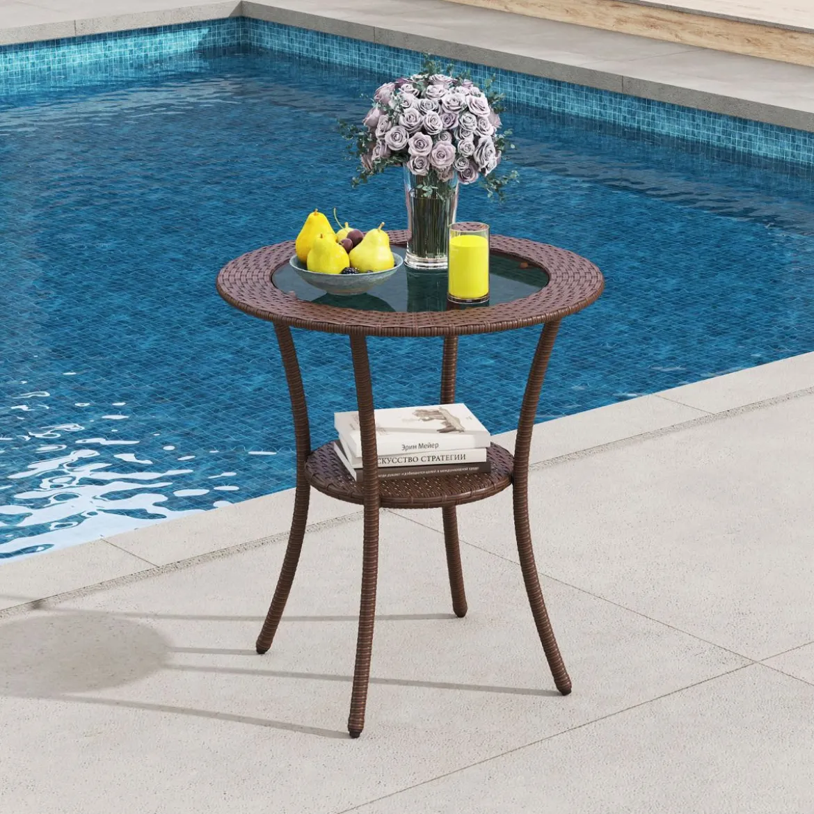 Rattan Gartentisch mit Glasplatte & Ablage Runder Bistrotisch Terrassentisch Balkontisch