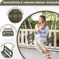 Rattan Hängesessel mit 2 Hanfseilen Wetterfester Hängestuhl Belastbar bis 180kg Schaukelsitz