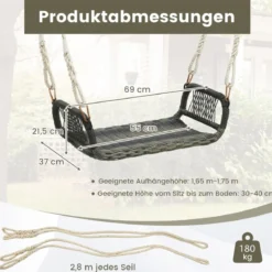 Rattan Hängesessel mit 2 Hanfseilen Wetterfester Hängestuhl Belastbar bis 180kg Schaukelsitz