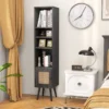 Rattan Hochschrank Bücherregal mit 4 Ablagen & Rattantür Kommode Boho Style Schwarz