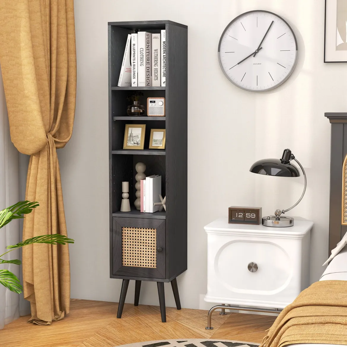 Rattan Hochschrank Bücherregal mit 4 Ablagen & Rattantür Kommode Boho Style Schwarz