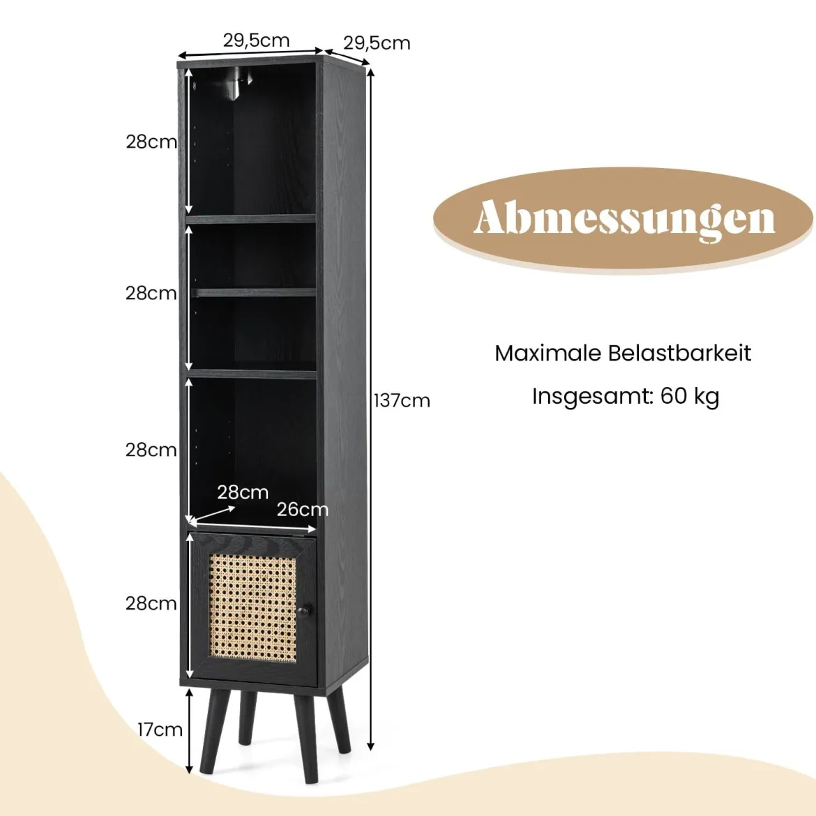 Rattan Hochschrank Bücherregal mit 4 Ablagen & Rattantür Kommode Boho Style Schwarz
