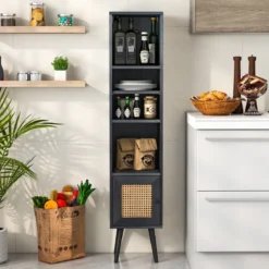 Rattan Hochschrank Bücherregal mit 4 Ablagen & Rattantür Kommode Boho Style Schwarz