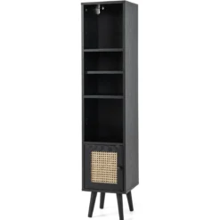 Rattan Hochschrank Bücherregal mit 4 Ablagen & Rattantür Kommode Boho Style Schwarz