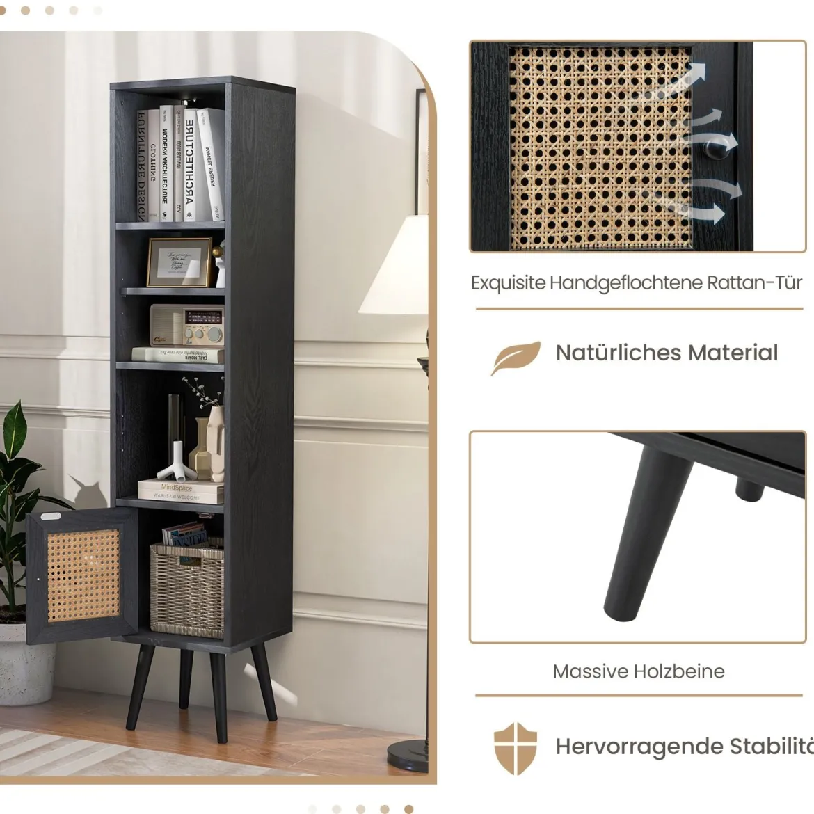 Rattan Hochschrank Bücherregal mit 4 Ablagen & Rattantür Kommode Boho Style Schwarz