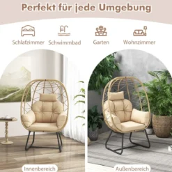 Rattan Korbsessel mit Abnehmbarem Kissen & Metallgestell Übergroßer Loungesessel