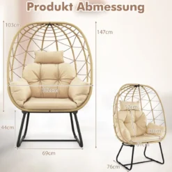 Rattan Korbsessel mit Abnehmbarem Kissen & Metallgestell Übergroßer Loungesessel