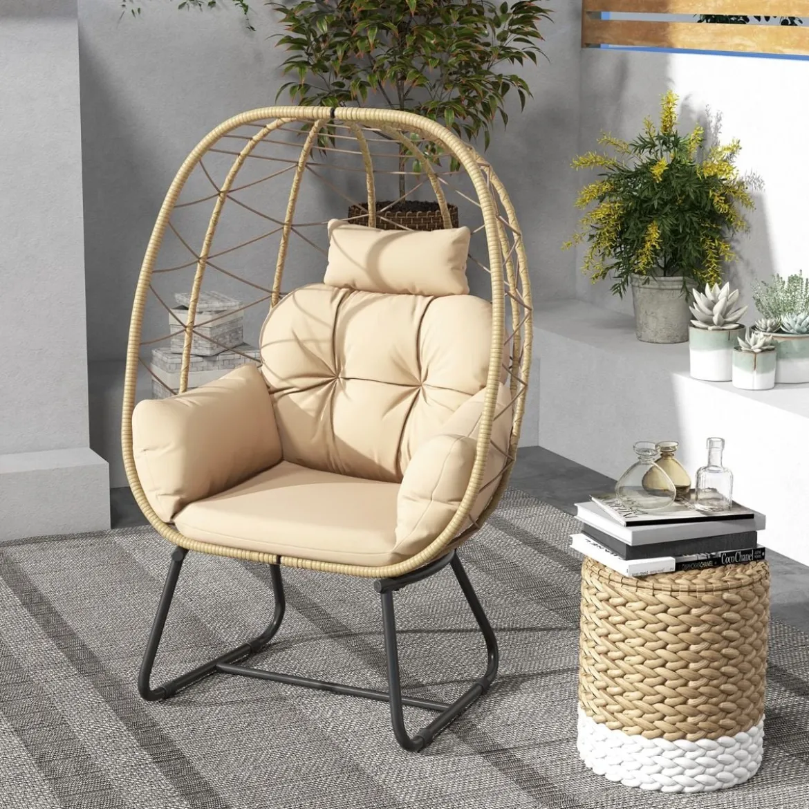 Rattan Korbsessel mit Abnehmbarem Kissen & Metallgestell Übergroßer Loungesessel