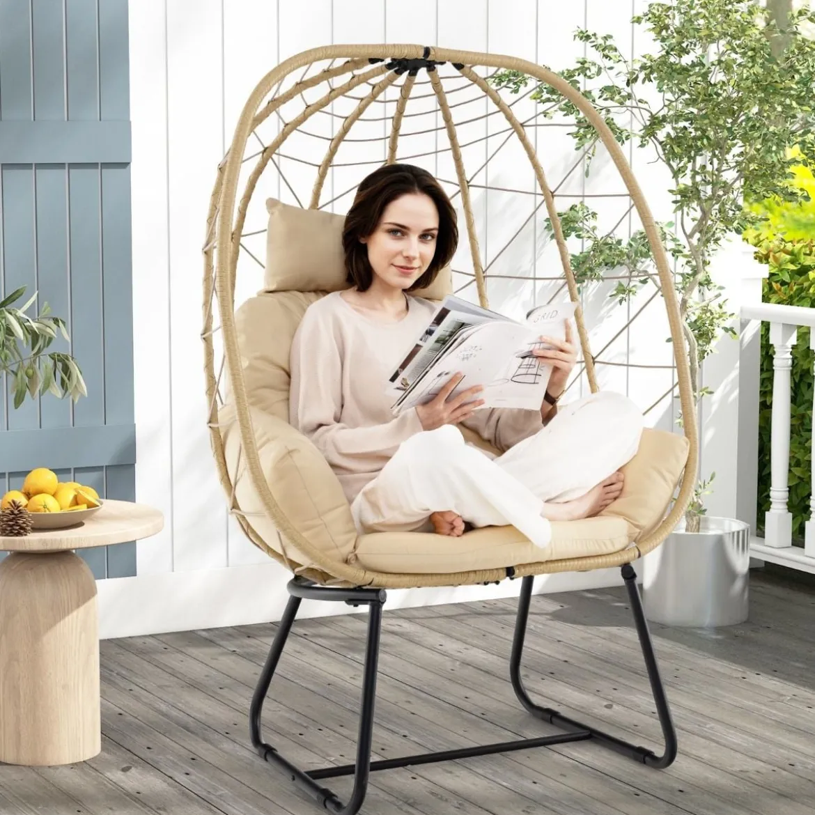 Rattan Korbsessel mit Abnehmbarem Kissen & Metallgestell Übergroßer Loungesessel