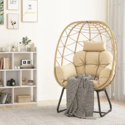 Rattan Korbsessel mit Abnehmbarem Kissen & Metallgestell Übergroßer Loungesessel