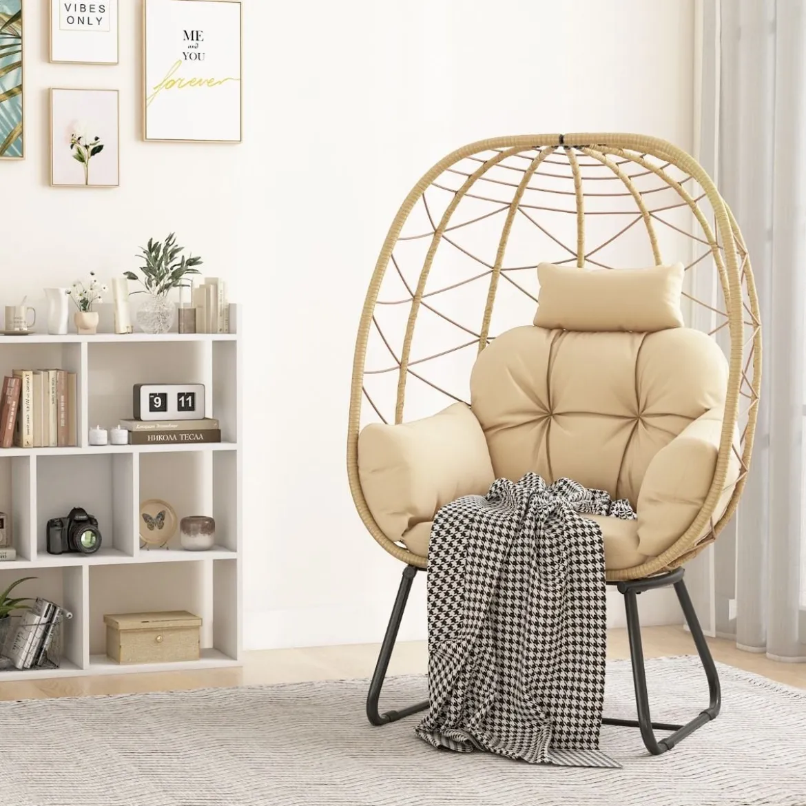 Rattan Korbsessel mit Abnehmbarem Kissen & Metallgestell Übergroßer Loungesessel