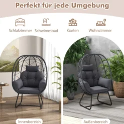 Rattan Korbsessel mit Abnehmbarem Kissen & Metallgestell Übergroßer Loungesessel