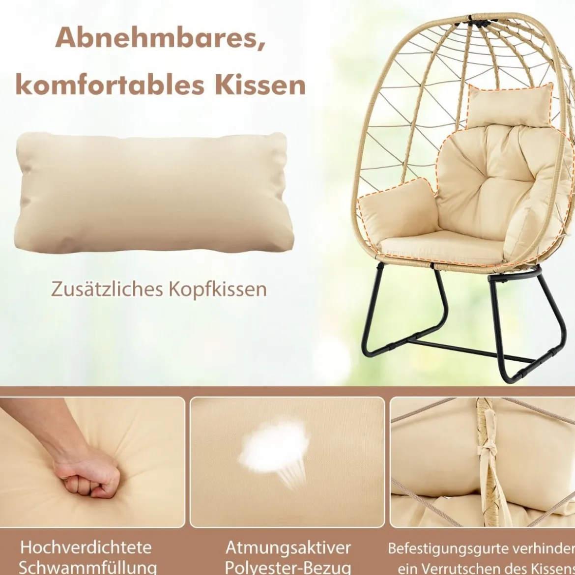 Rattan Korbsessel mit Abnehmbarem Kissen & Metallgestell Übergroßer Loungesessel