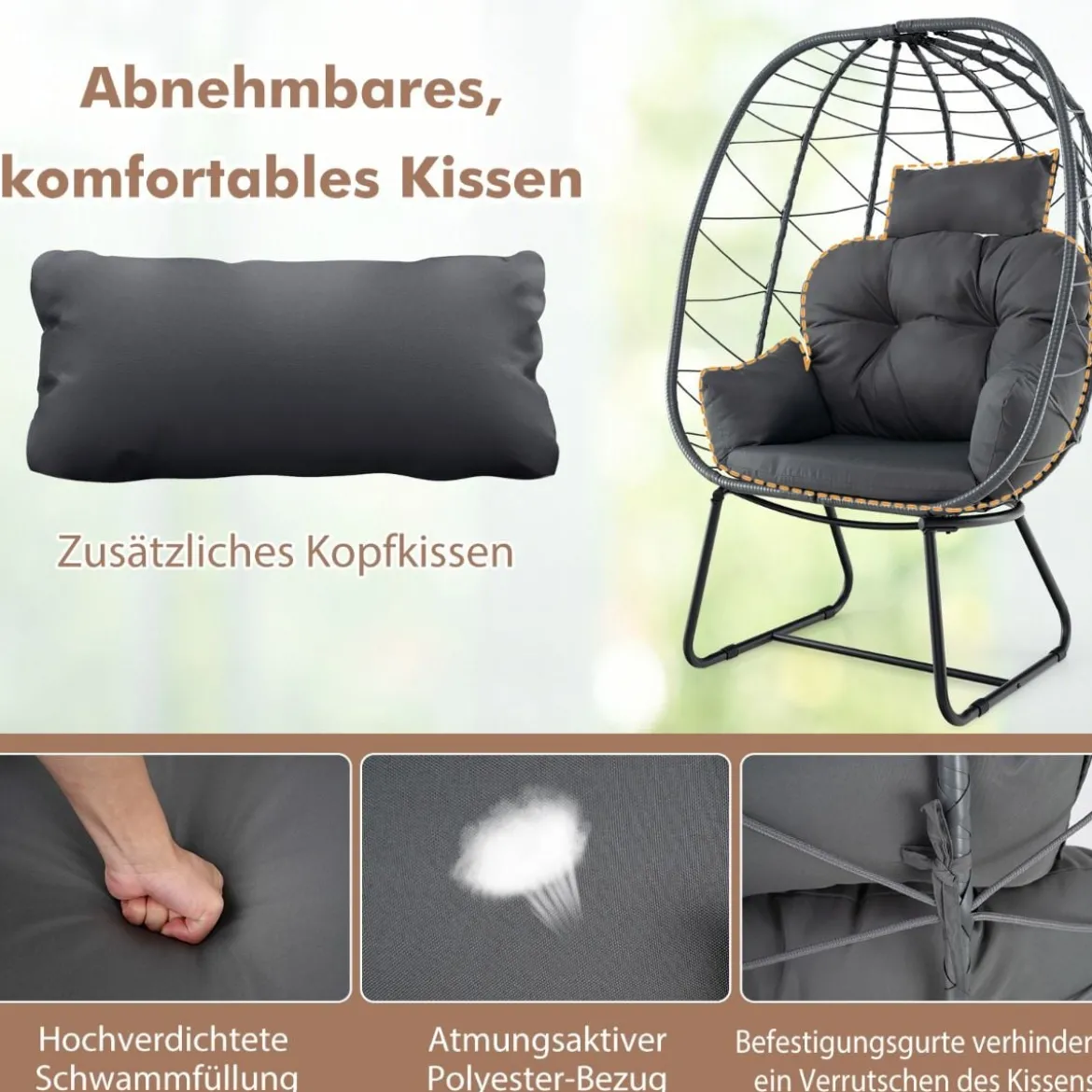 Rattan Korbsessel mit Abnehmbarem Kissen & Metallgestell Übergroßer Loungesessel