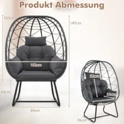Rattan Korbsessel mit Abnehmbarem Kissen & Metallgestell Übergroßer Loungesessel
