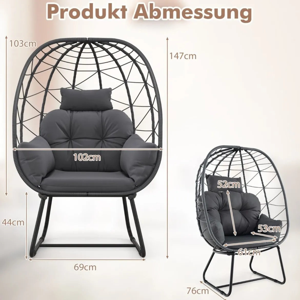 Rattan Korbsessel mit Abnehmbarem Kissen & Metallgestell Übergroßer Loungesessel