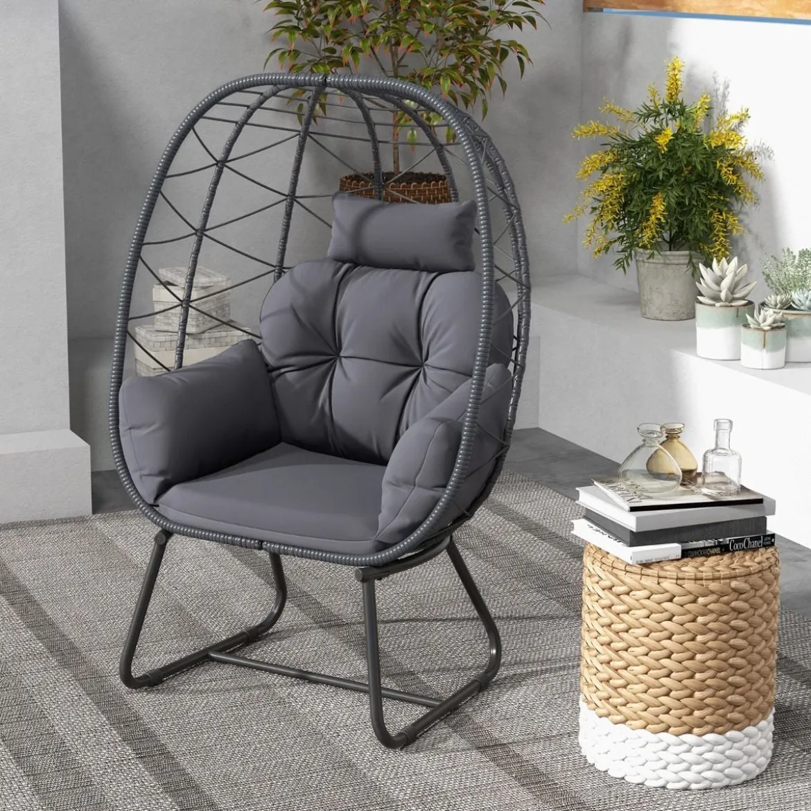 Rattan Korbsessel mit Abnehmbarem Kissen & Metallgestell Übergroßer Loungesessel