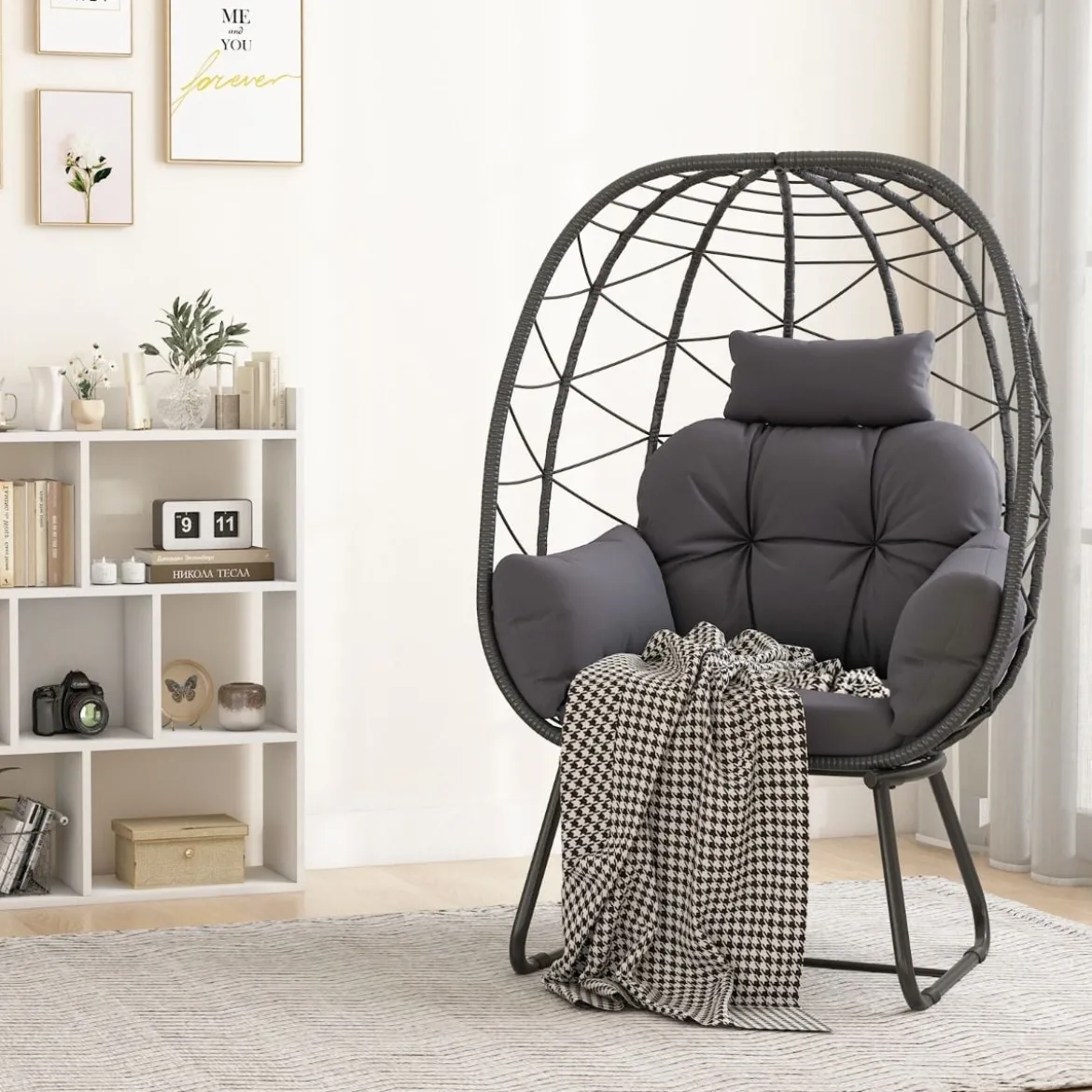 Rattan Korbsessel mit Abnehmbarem Kissen & Metallgestell Übergroßer Loungesessel