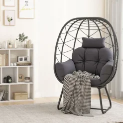 Rattan Korbsessel mit Abnehmbarem Kissen & Metallgestell Übergroßer Loungesessel