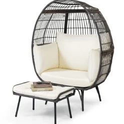 Rattan Korbsessel mit Hocker Übergroßer Gartensessel mit Kissen XXL Rattansessel