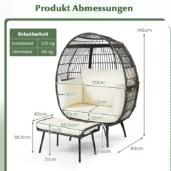 Rattan Korbsessel mit Hocker Übergroßer Gartensessel mit Kissen XXL Rattansessel