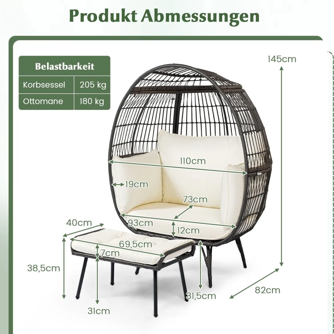 Rattan Korbsessel mit Hocker Übergroßer Gartensessel mit Kissen XXL Rattansessel
