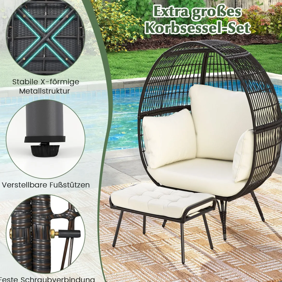 Rattan Korbsessel mit Hocker Übergroßer Gartensessel mit Kissen XXL Rattansessel